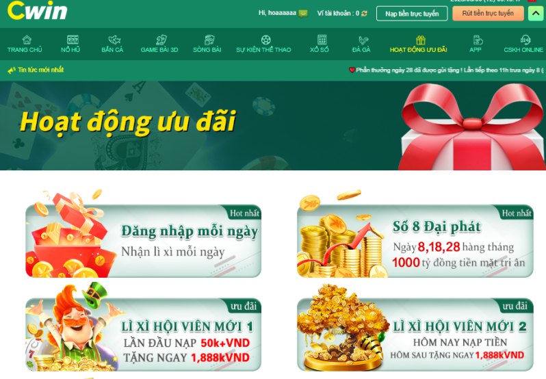Khuyến mãi hấp dẫn có tại Cwin